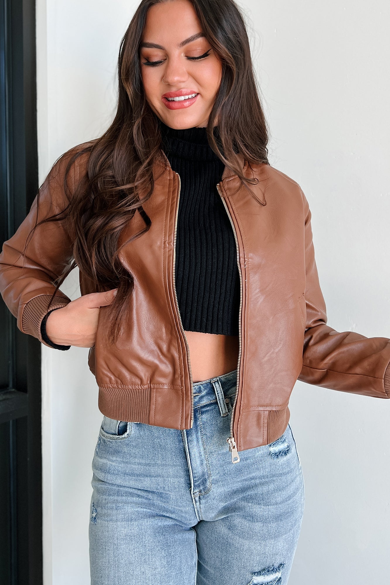 Rebel With A Cause Faux Leather Bomber Jacket (Brown) - NanaMacs