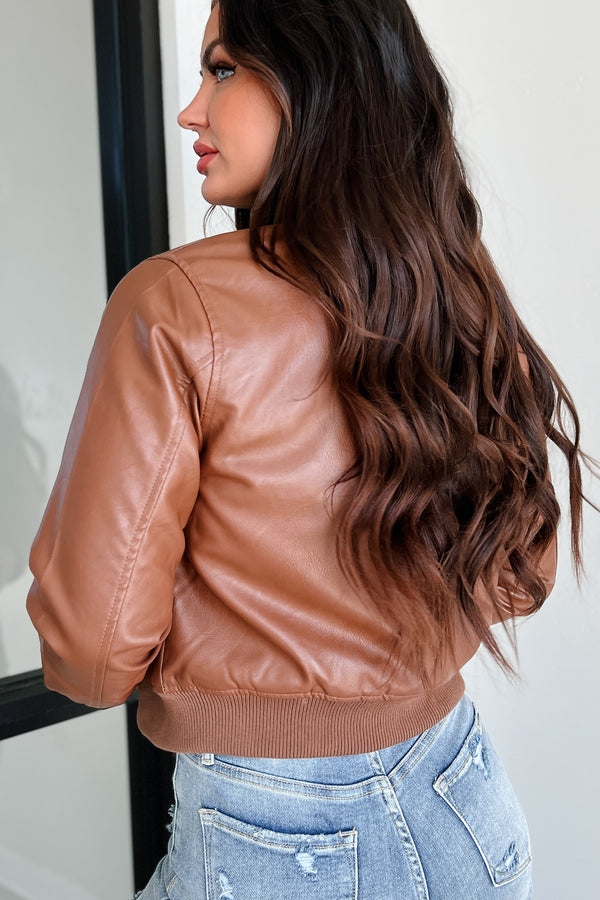 Rebel With A Cause Faux Leather Bomber Jacket (Brown) - NanaMacs