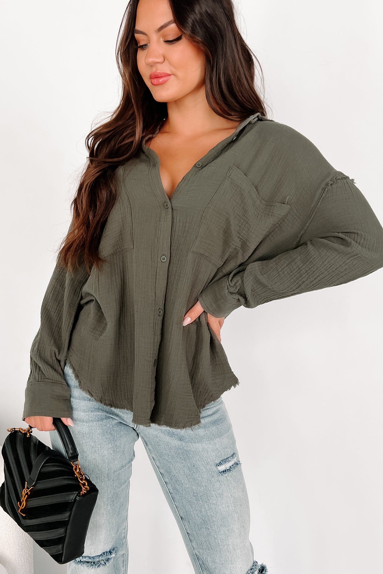 Simplistic Charm Oversized Cotton Gauze Shirt (Olive) - NanaMacs