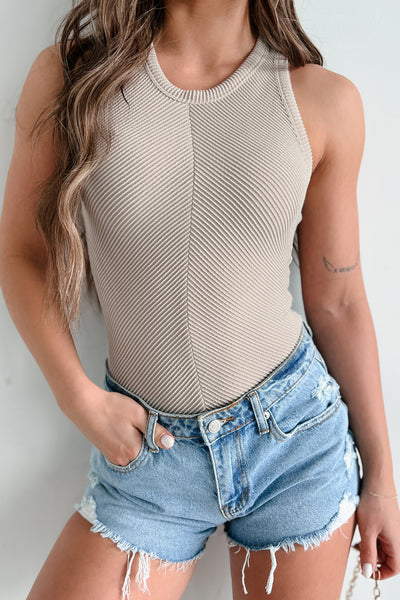 Casual Setting Textured Tank Bodysuit (Oat) - NanaMacs