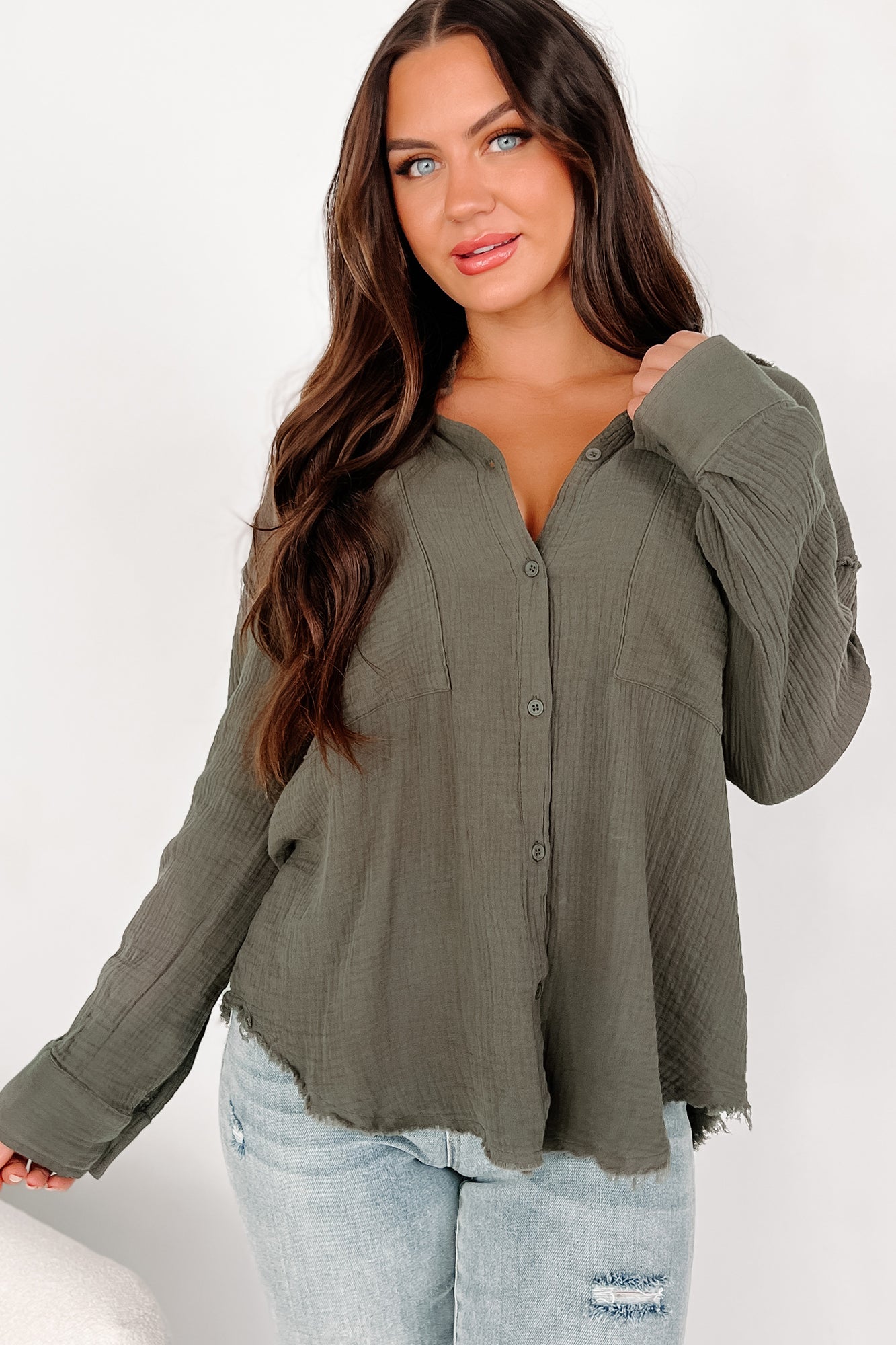 Simplistic Charm Oversized Cotton Gauze Shirt (Olive) - NanaMacs