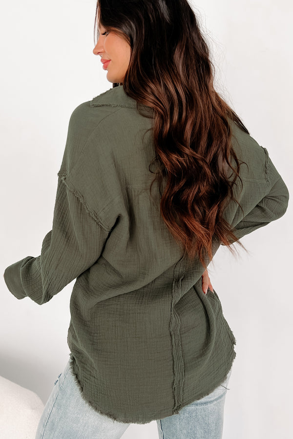 Simplistic Charm Oversized Cotton Gauze Shirt (Olive) - NanaMacs