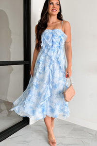 DOORBUSTER Profess Your Love Ruffle Floral Midi Dress (Blue Floral) - NanaMacs