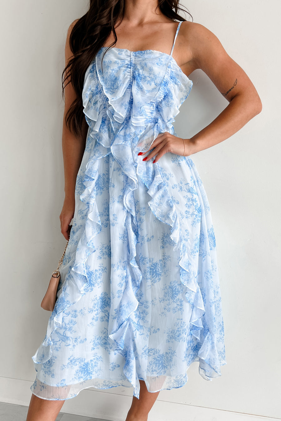 Profess Your Love Ruffle Floral Midi Dress (Blue Floral)