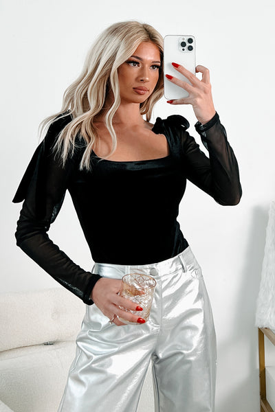 Luxe Mentality Sheer Sleeve Velvet Bodysuit (Black) - NanaMacs