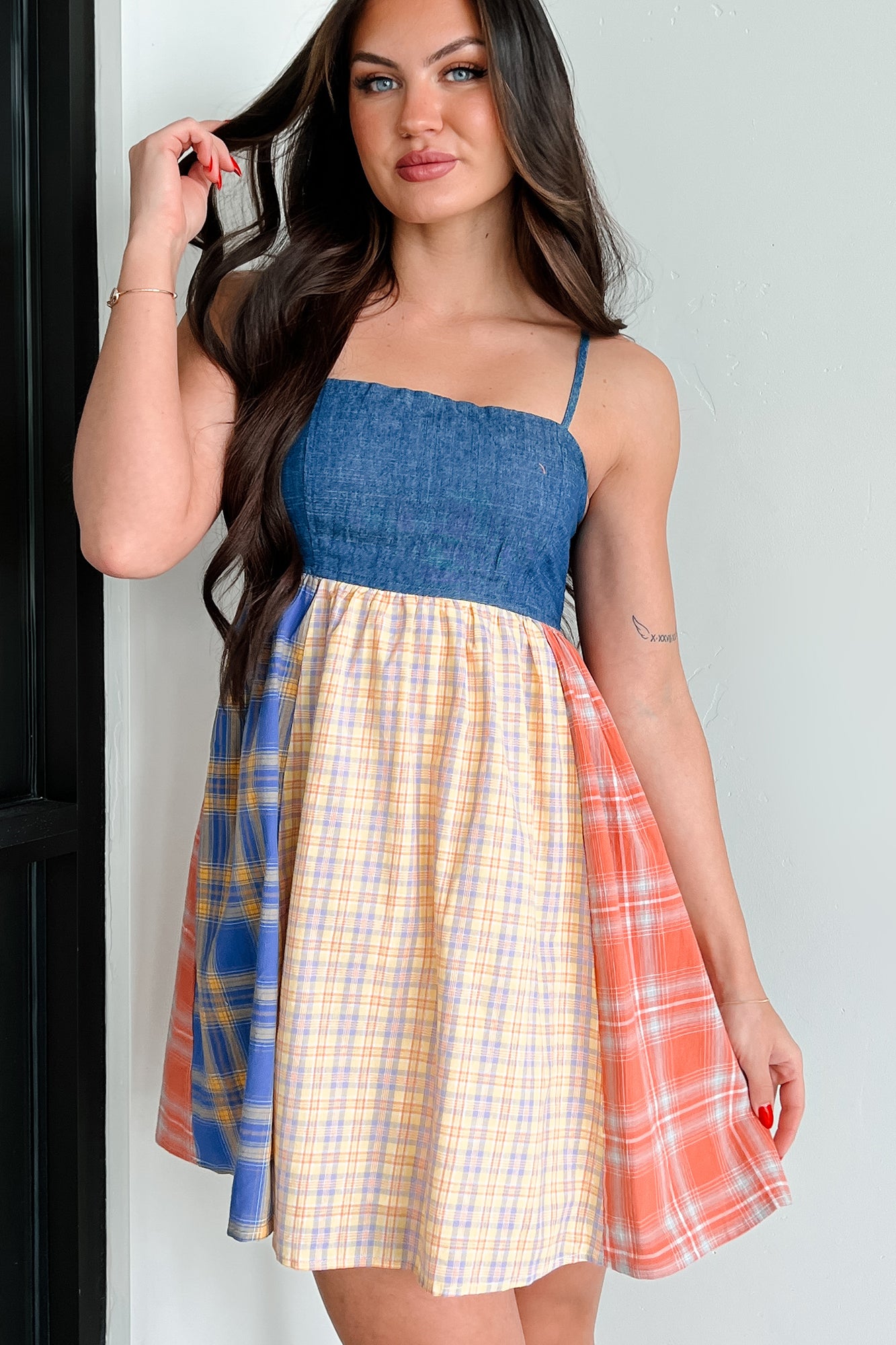 Women's Punk Goes Cute Denim Plaid Mini Dress - Size M Women's Punk Goes Cute Denim Plaid Mini Dress - Size M