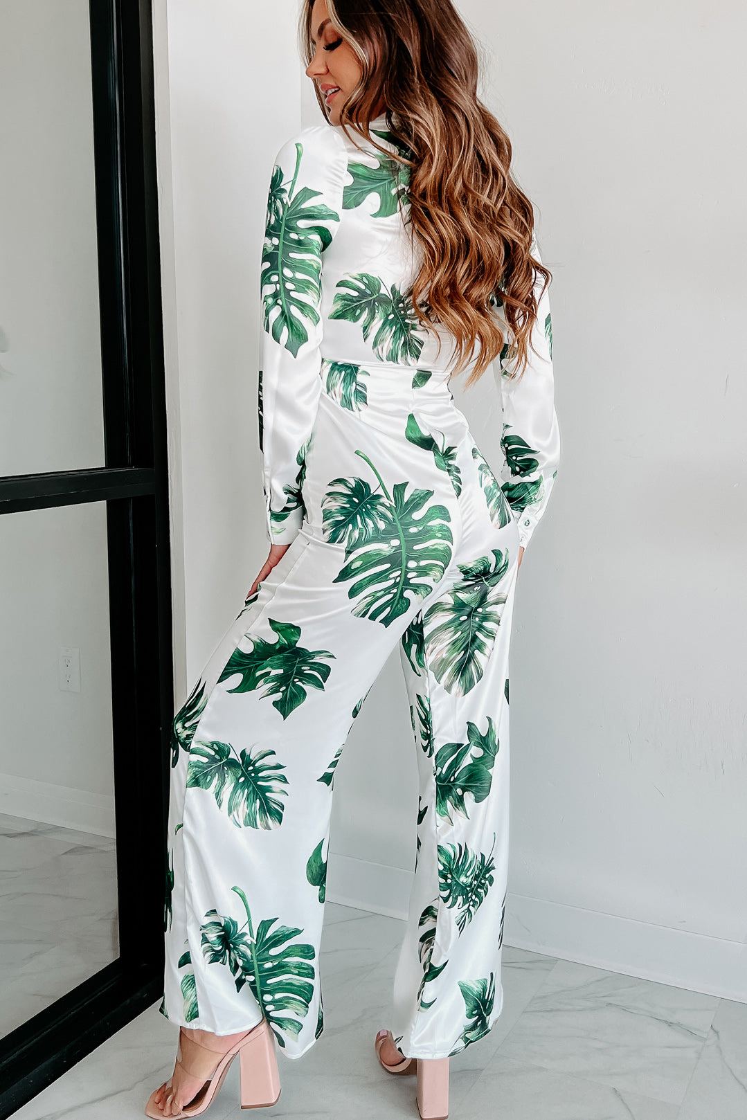 Green Palm Leaf Printed Mesh Bodysuit