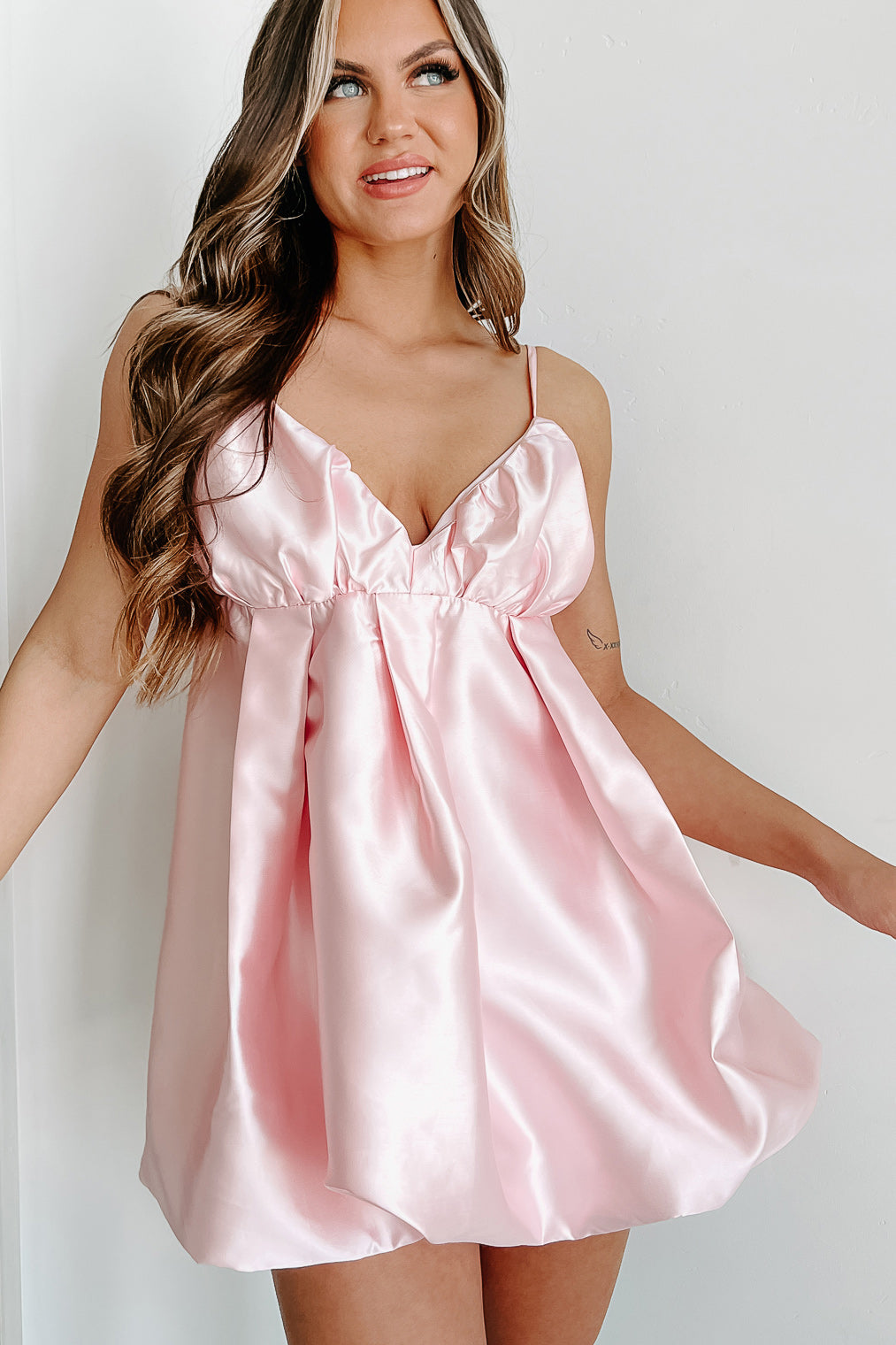 Sweet To Me Bubble Hem Mini Dress (Baby Pink) - NanaMacs