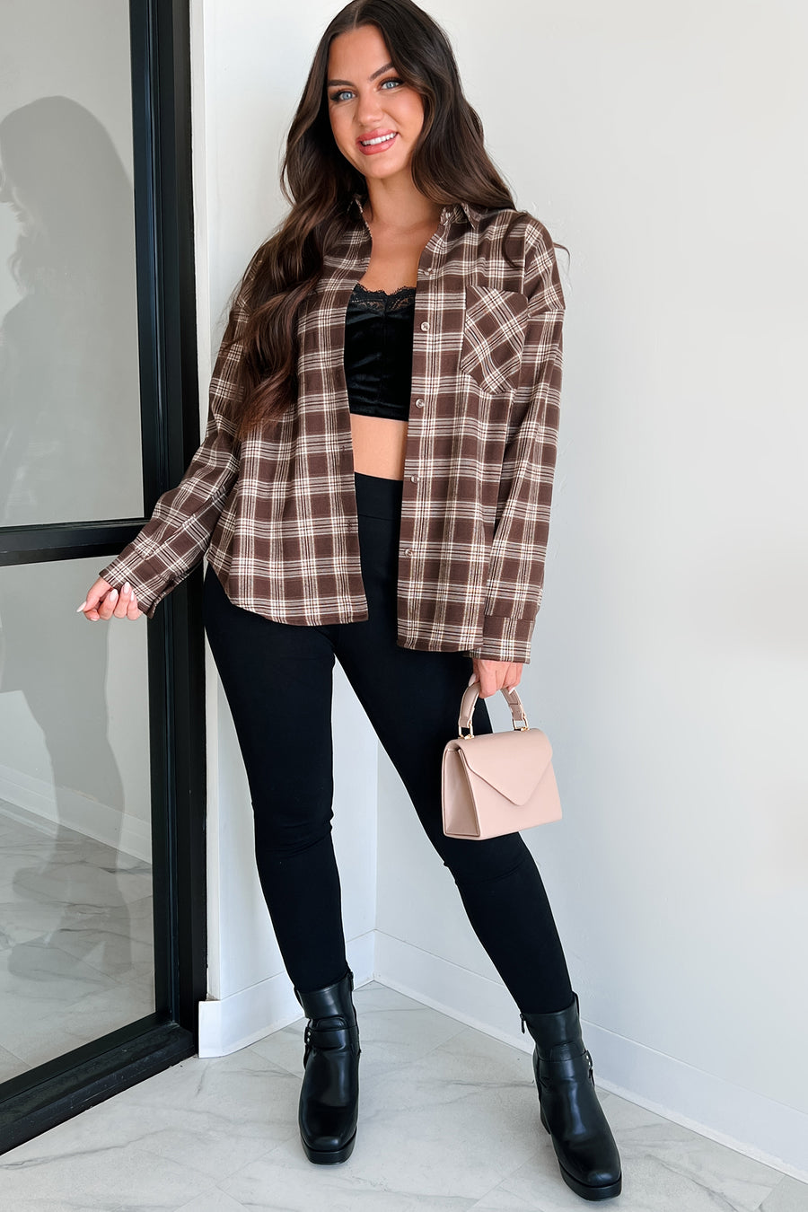 Stay Humble Oversized Plaid Shirt (Brown/Cream Plaid) - NanaMacs