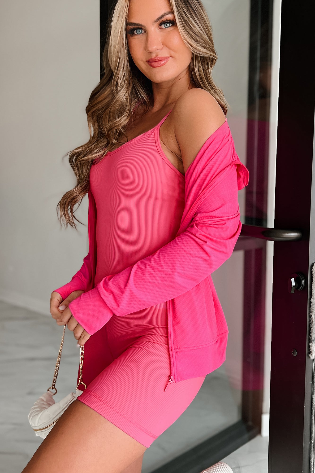 Success Is A Journey Ribbed Catsuit Romper (Neon Pink) - NanaMacs