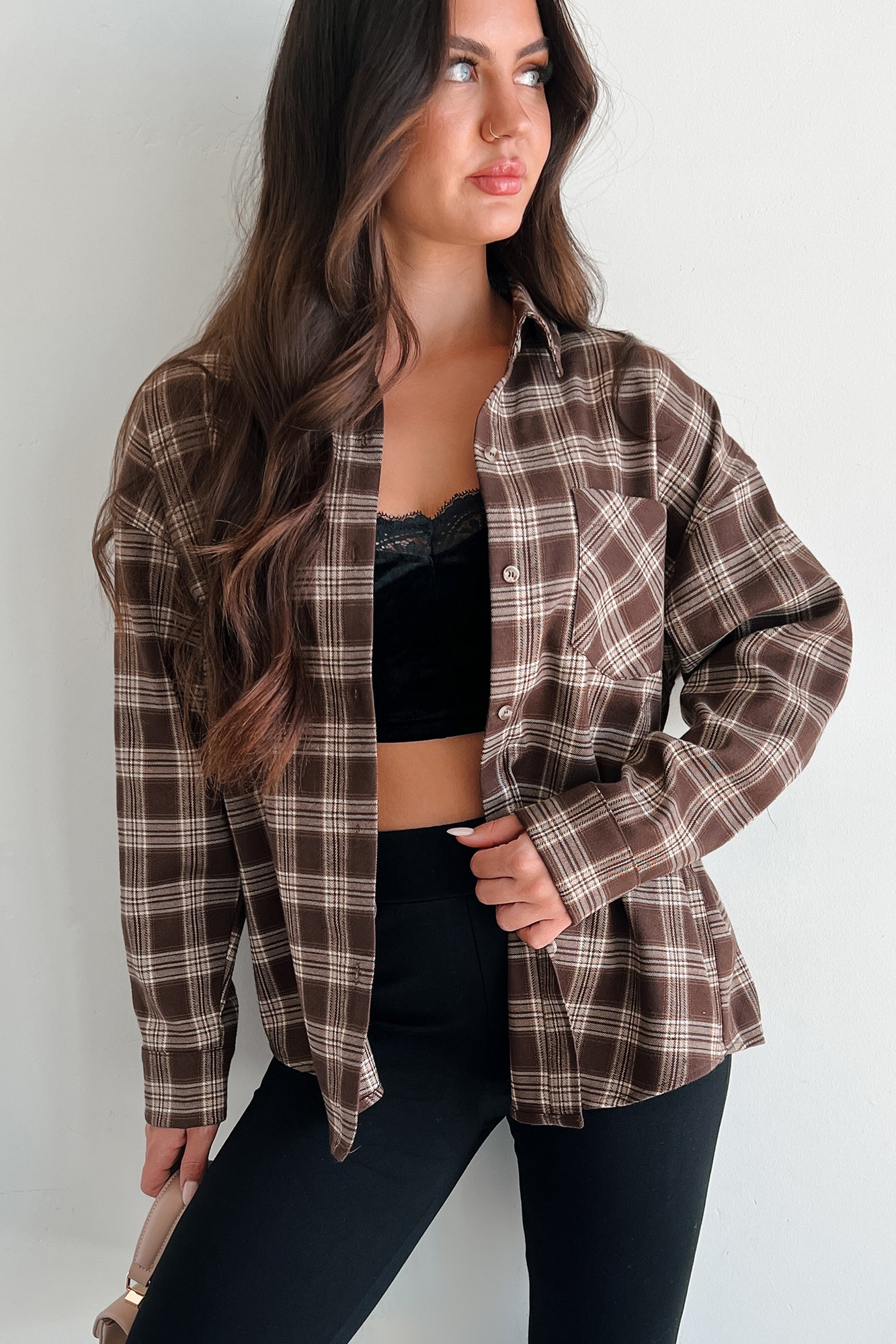 Stay Humble Oversized Plaid Shirt (Brown/Cream Plaid) - NanaMacs