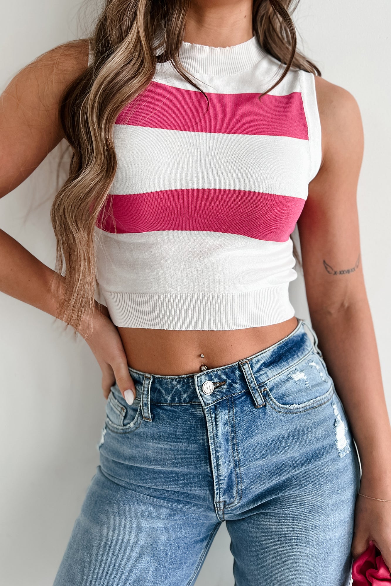 I Always Know Striped Sleeveless Crop Top (Ivory/Fuchsia) - NanaMacs