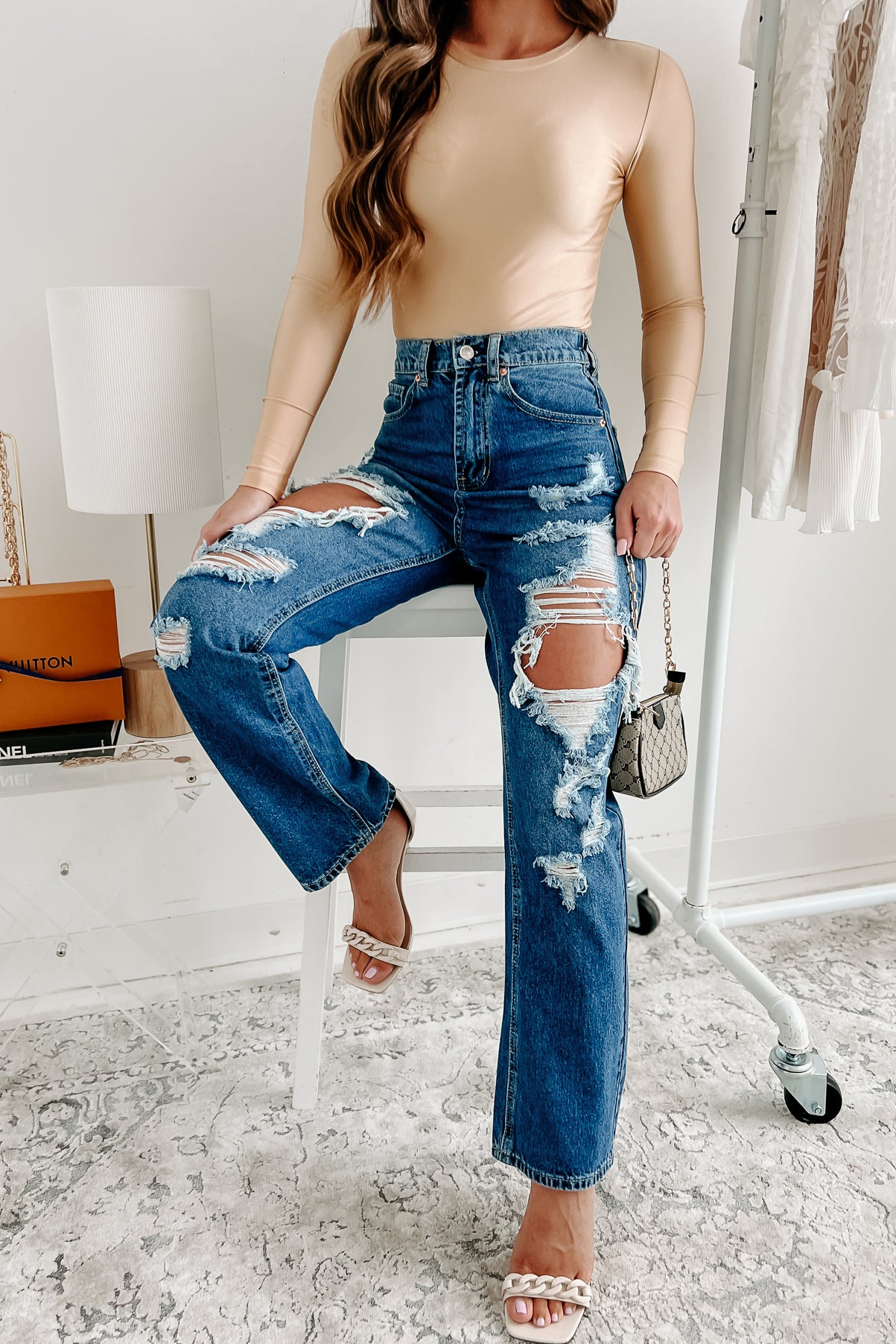 For A Change High Rise Distressed Wide Leg Jeans (Medium) - NanaMacs