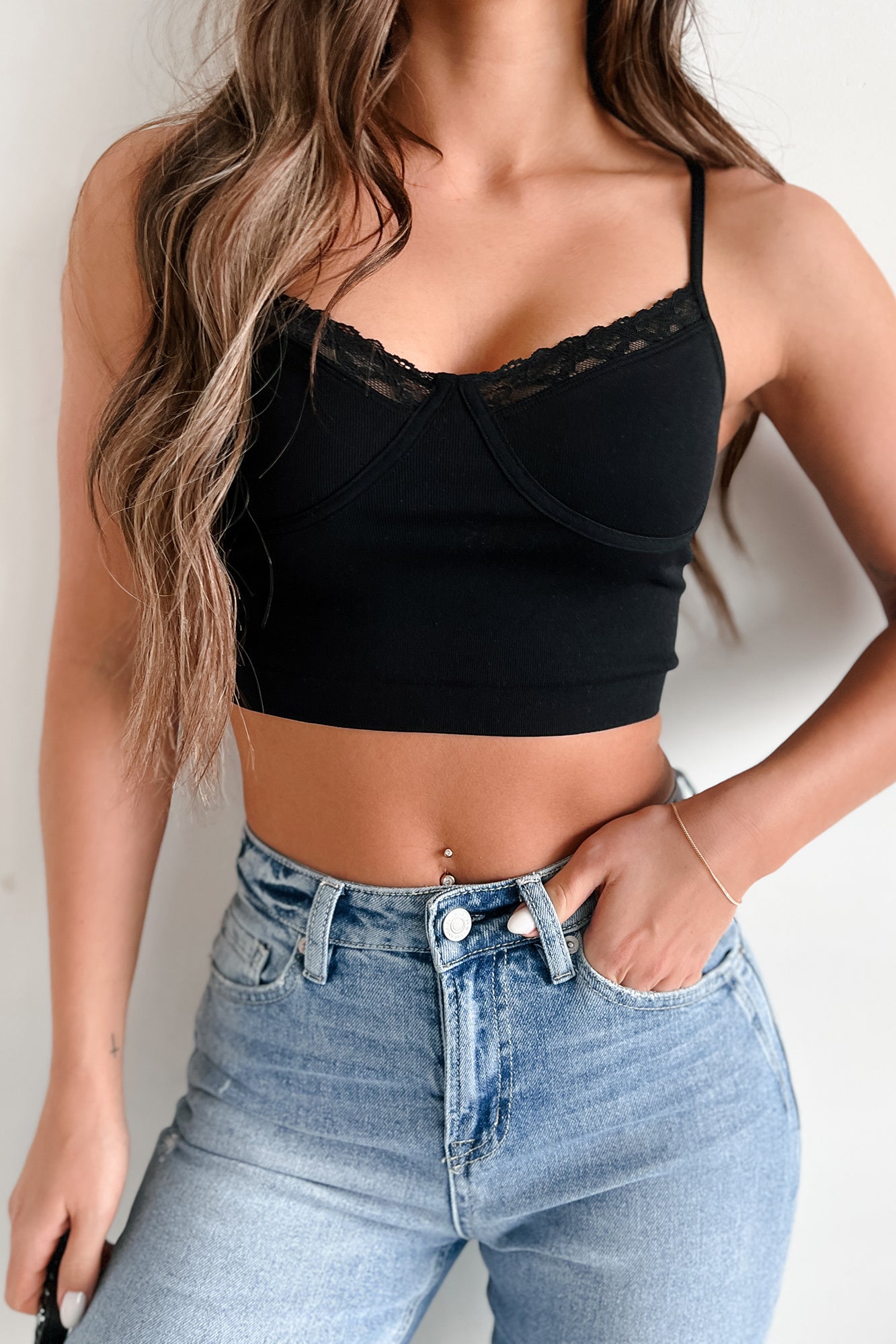 Dedicated To The Truth Lace Trim Cami Crop Top (Black)