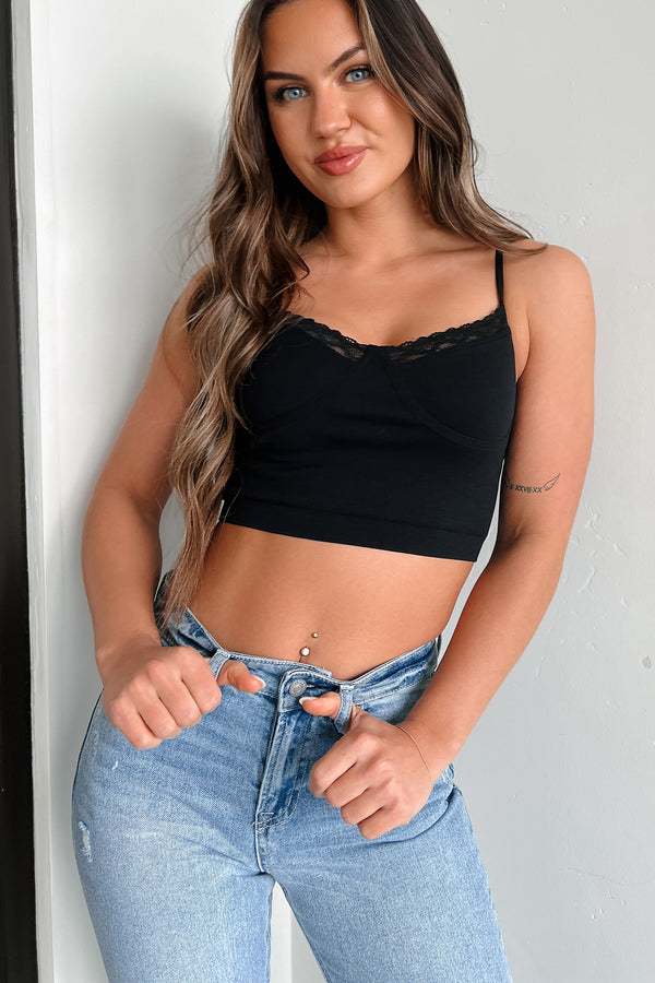 Dedicated To The Truth Lace Trim Cami Crop Top (Black) - NanaMacs