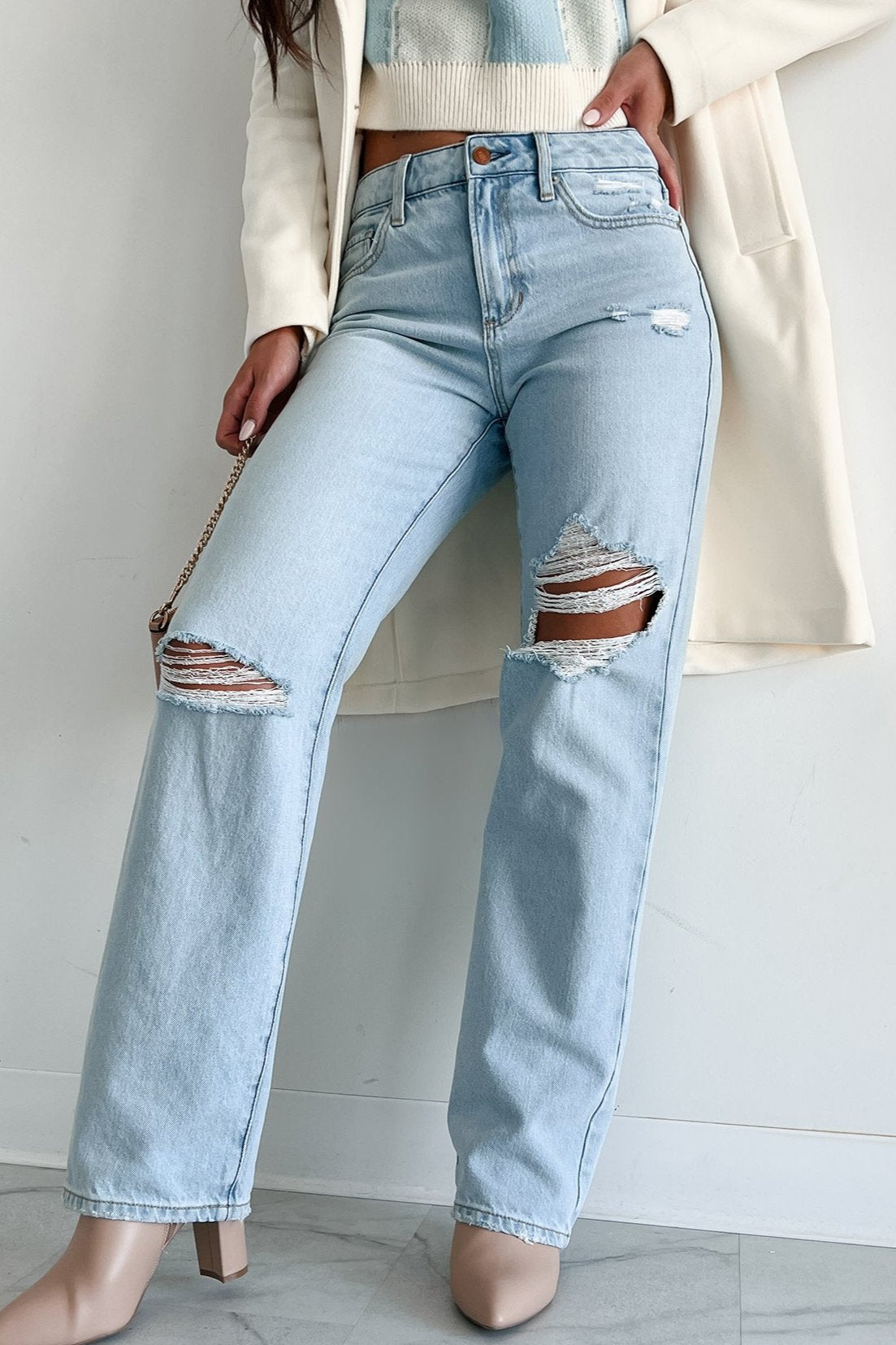 Atticus High Rise Distressed Sneak Peak Straight Leg Jeans (Light) - NanaMacs