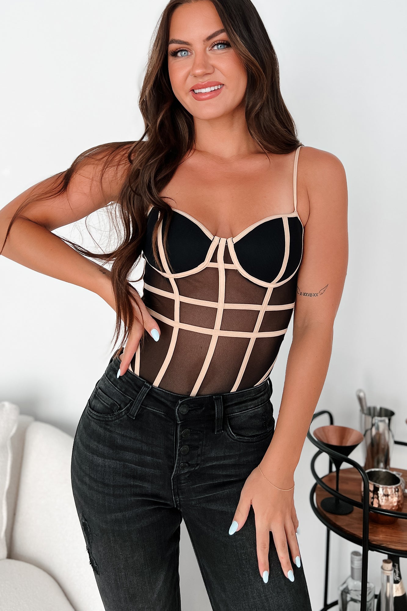 Staying Sassy Contrast Mesh Bodysuit (Black/Taupe) - NanaMacs