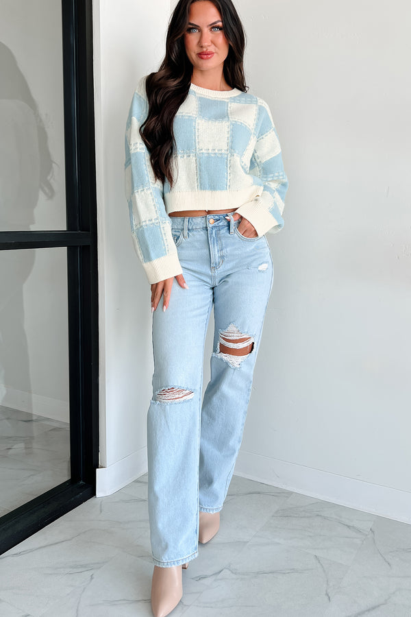 Fall Into Happiness Checkered Sweater Top (Dusty Blue/Cream) - NanaMacs