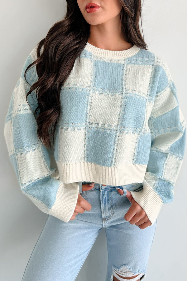 Fall Into Happiness Checkered Sweater Top (Dusty Blue/Cream) - NanaMacs