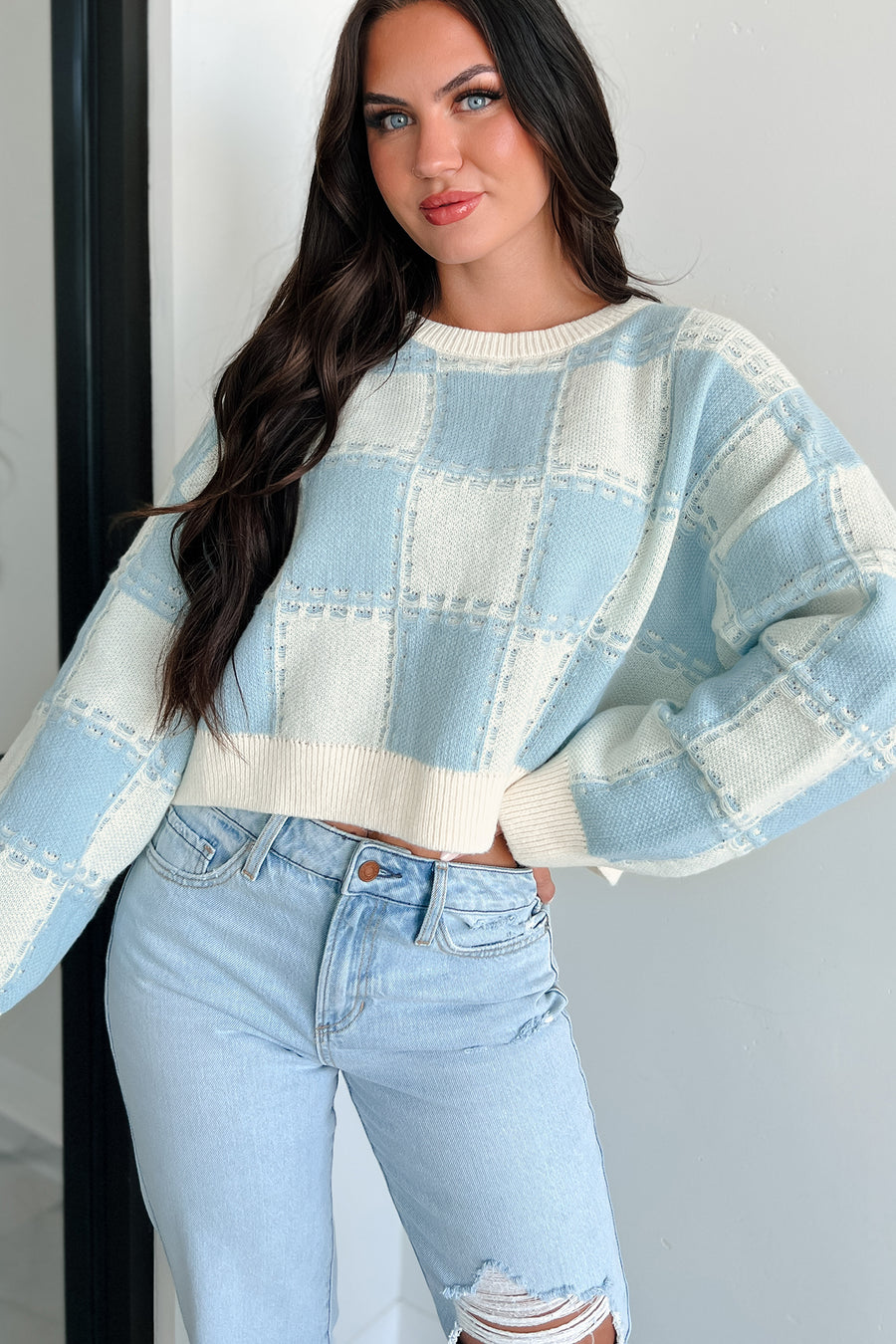 Fall Into Happiness Checkered Sweater Top (Dusty Blue/Cream) - NanaMacs