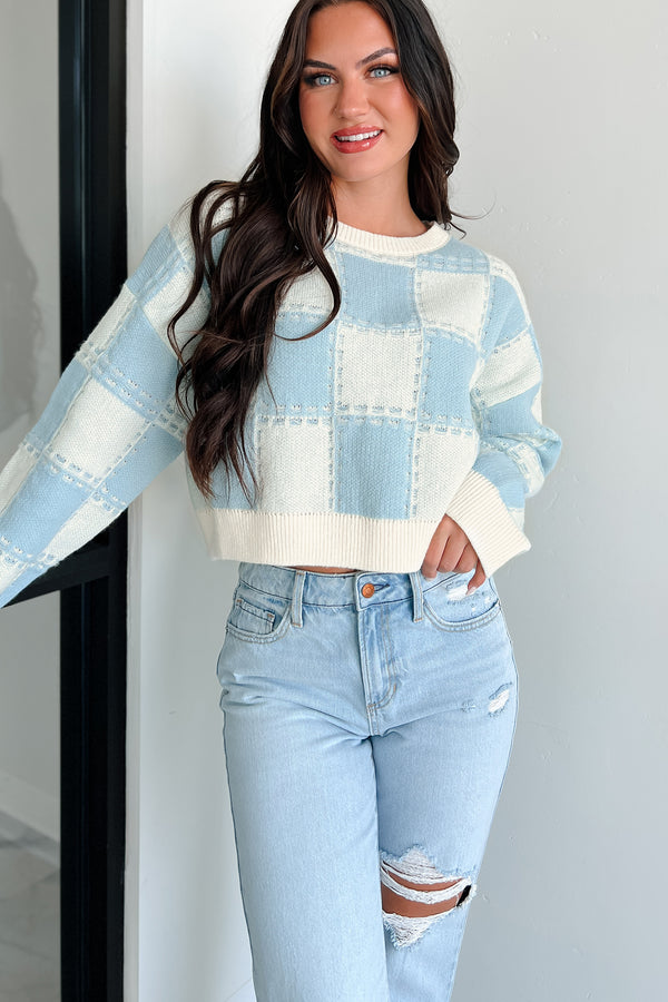 Fall Into Happiness Checkered Sweater Top (Dusty Blue/Cream) - NanaMacs