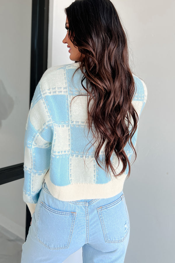 Fall Into Happiness Checkered Sweater Top (Dusty Blue/Cream) - NanaMacs