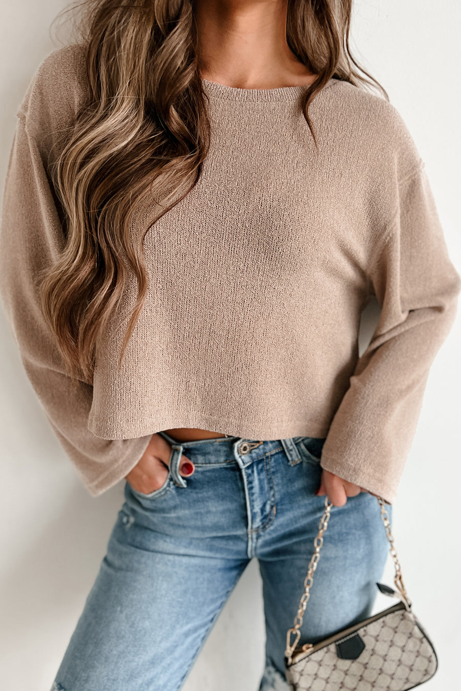 Donnie Textured Knit Long Sleeve Crop Top (Light Taupe) - NanaMacs