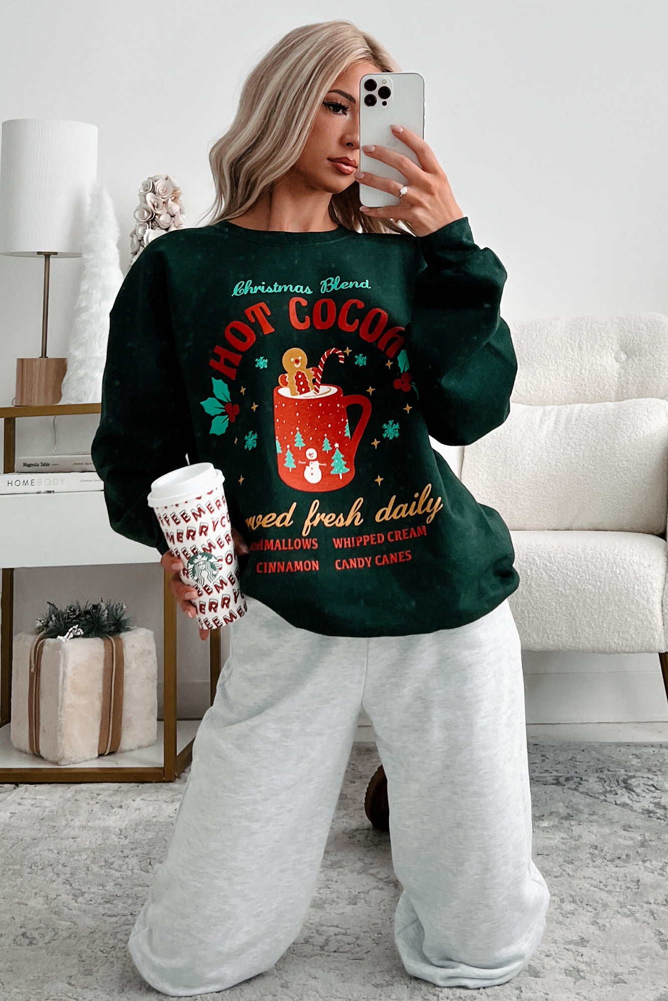 "Christmas Blend Hot Cocoa" Graphic Sweatshirt (Forest) - NanaMacs