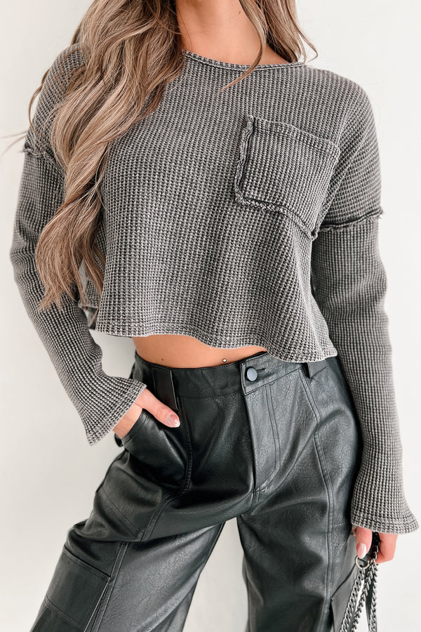 Selfish For You Washed Thermal Long Sleeve Top (Charcoal) - NanaMacs