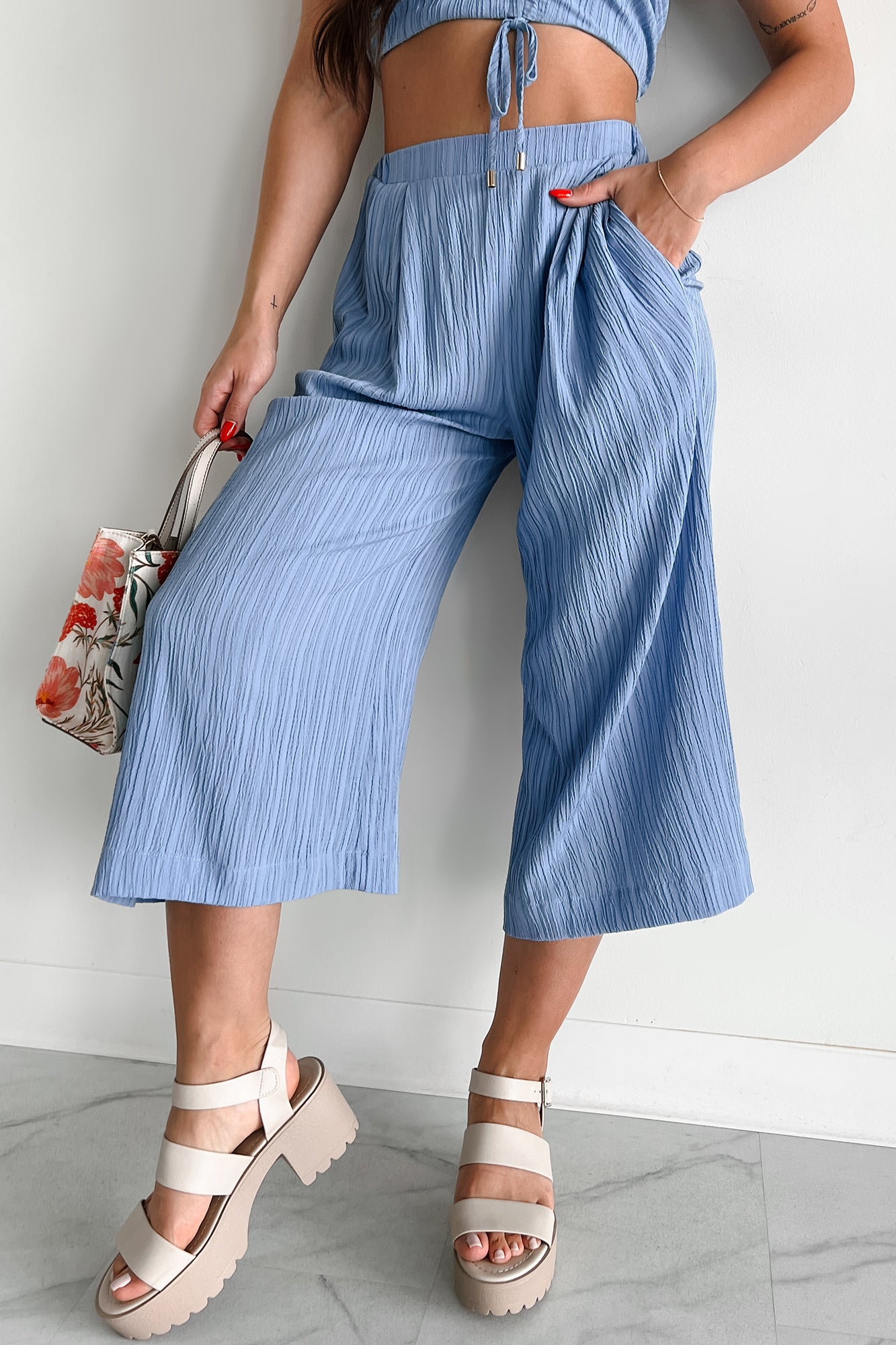 If You Don't Mind Woven Textured Capri Pants (Lotus Blue) - NanaMacs