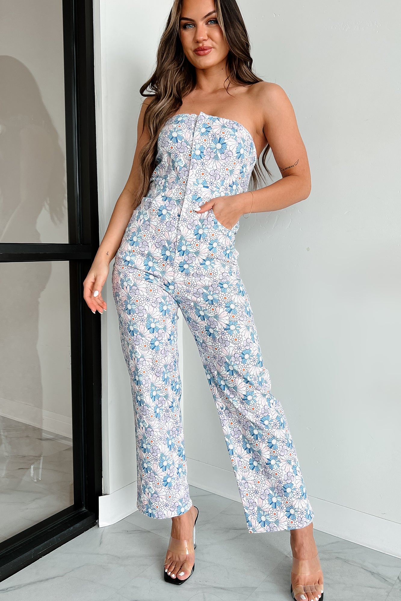 Always Enticing Strapless Satin Floral Jumpsuit (Ivory Pink