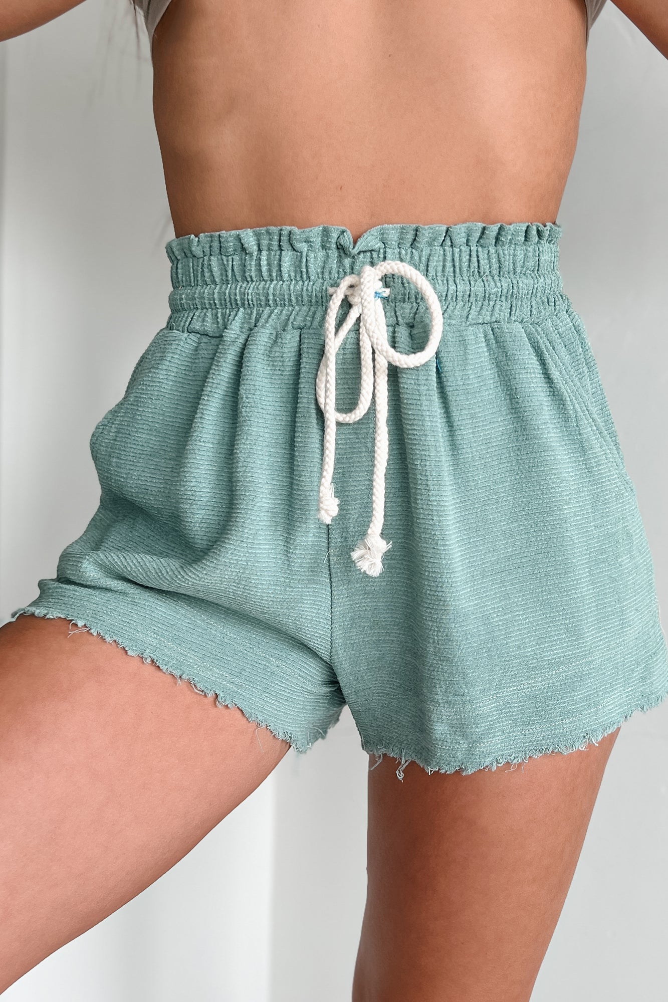 If You Can't Tell Frayed Drawstring Waist Shorts (Sage) - NanaMacs