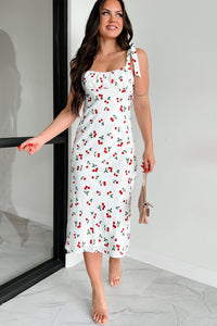 Fruity Happiness Cherry Print Midi Dress (Off White/Cherry) - NanaMacs