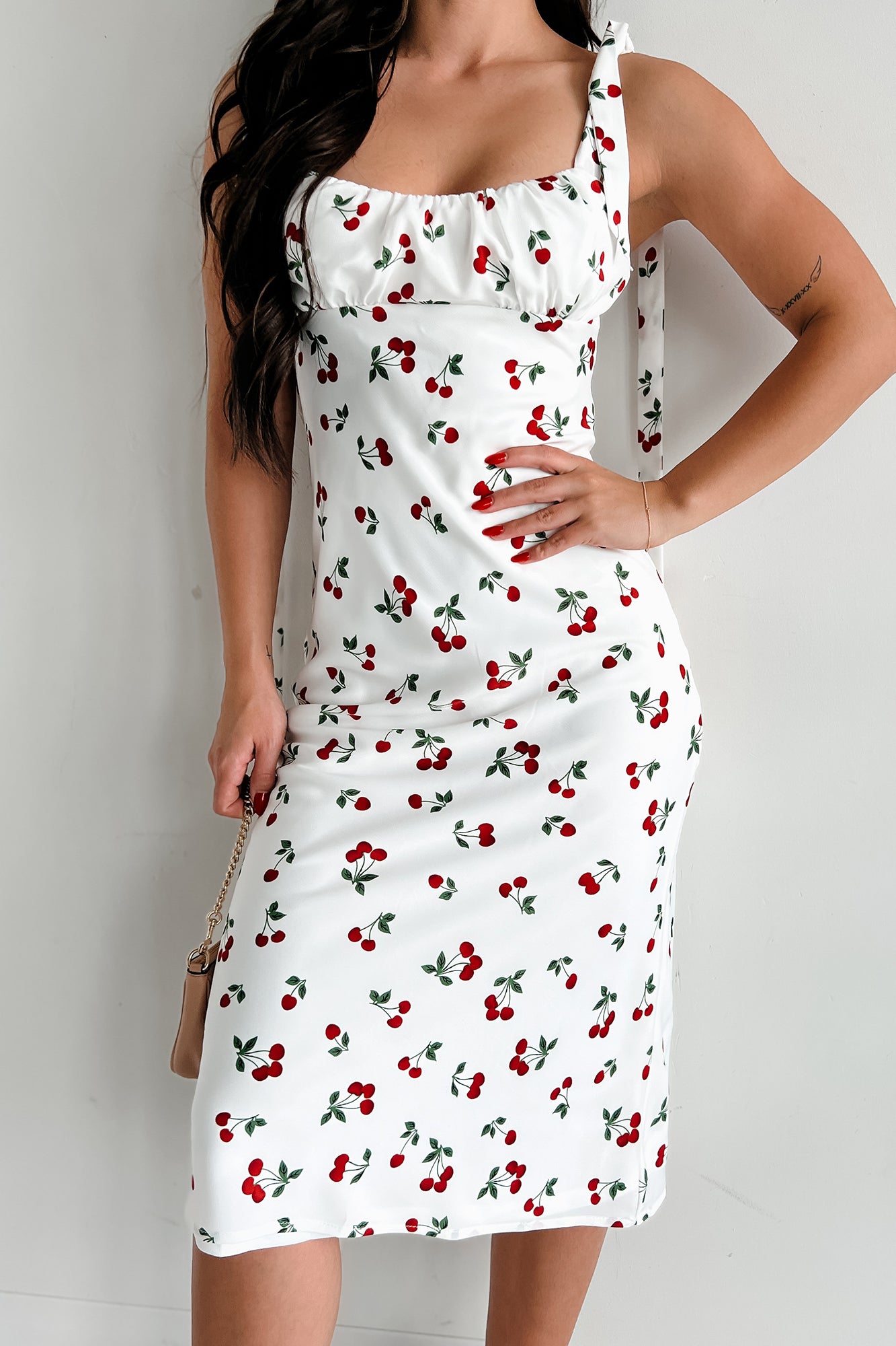 Fruity Happiness Cherry Print Midi Dress (Off White/Cherry) - NanaMacs