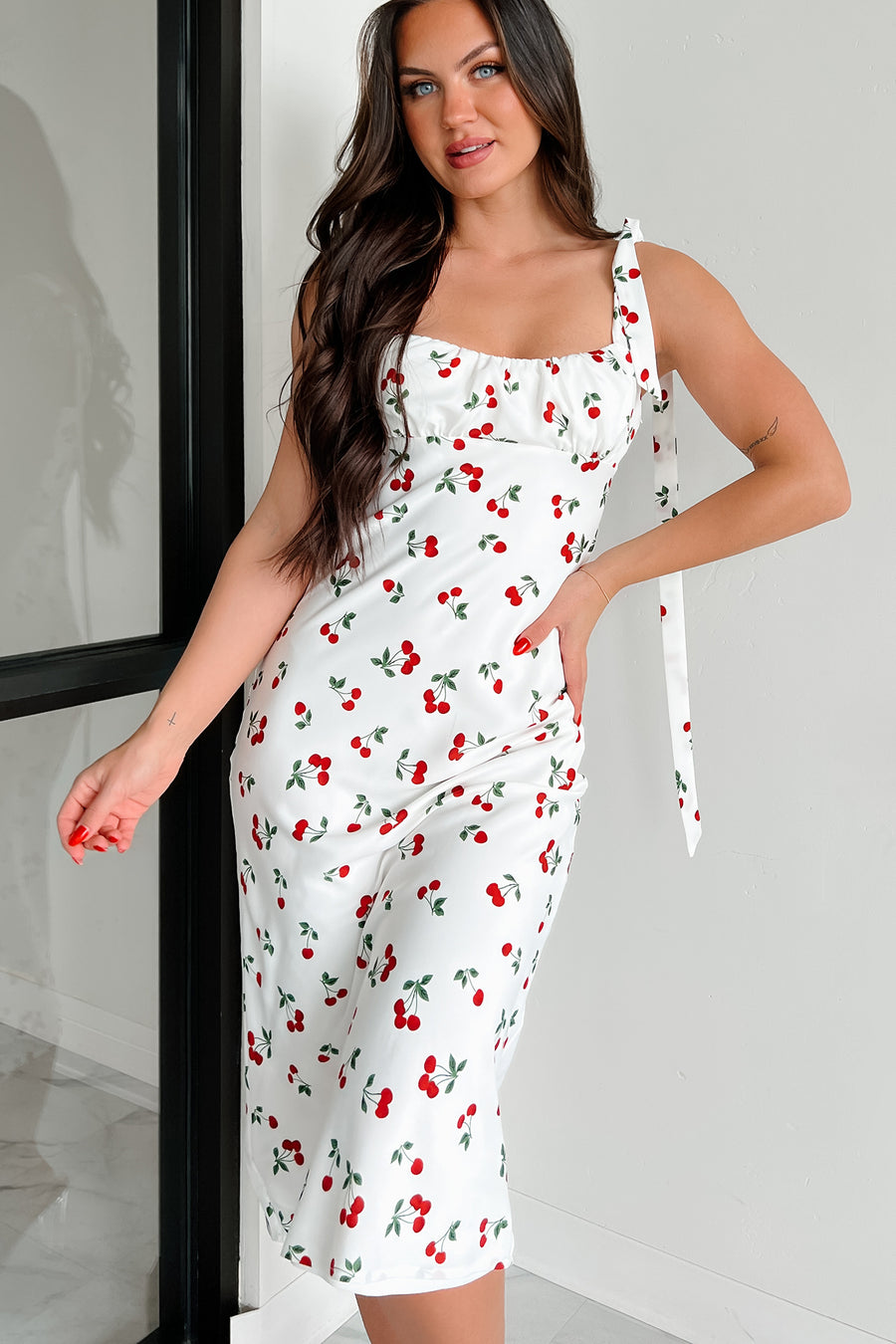 Fruity Happiness Cherry Print Midi Dress (Off White/Cherry) - NanaMacs