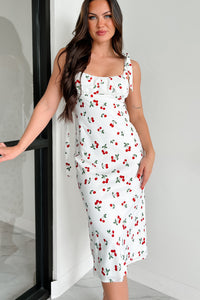 Fruity Happiness Cherry Print Midi Dress (Off White/Cherry) - NanaMacs