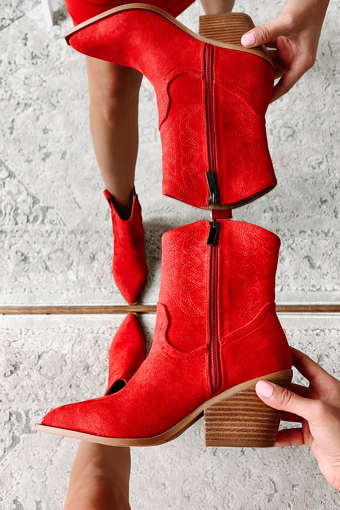 Rowdy Nights Faux Suede Western Booties (Red Suede) - NanaMacs