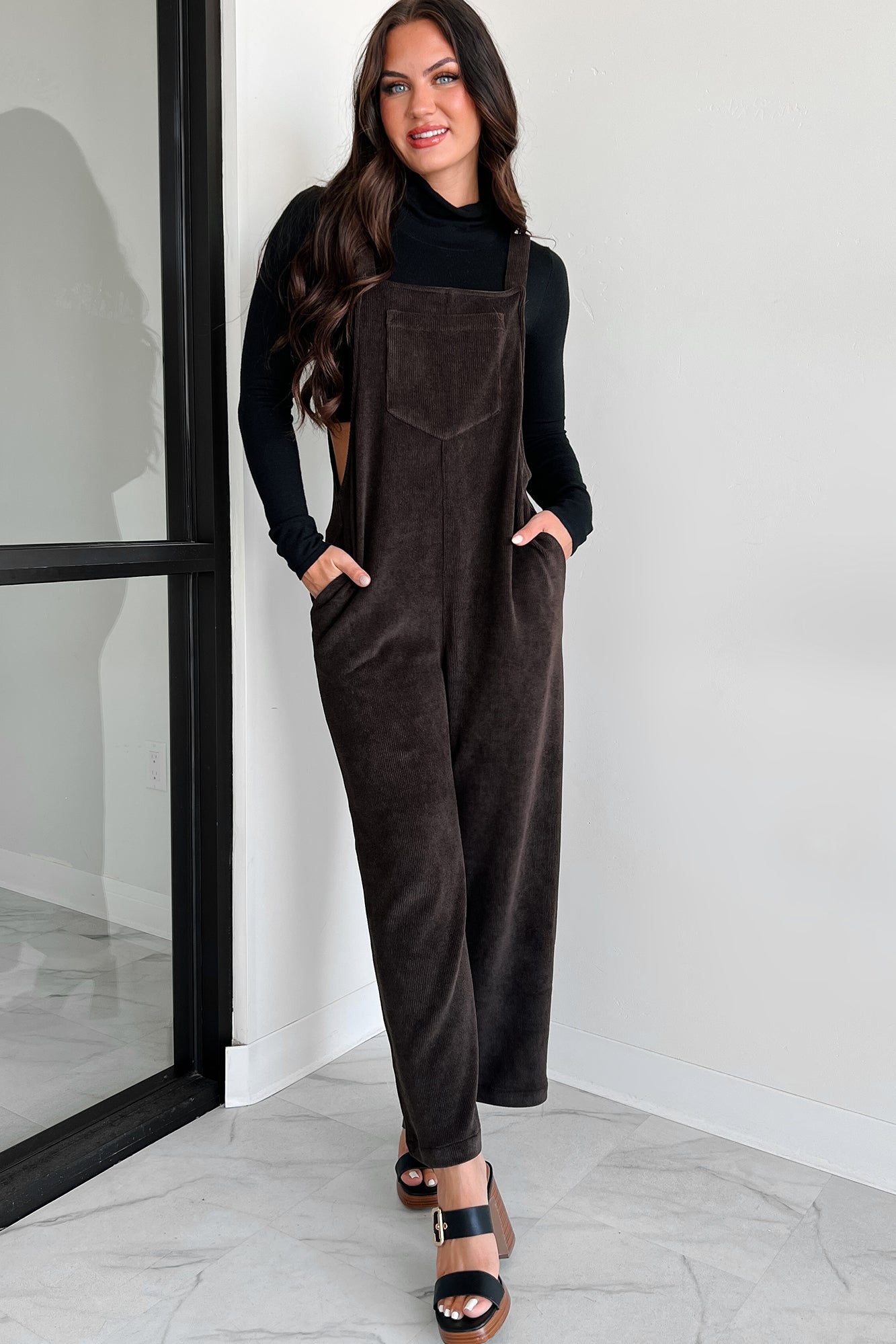 Playful Impression Soft Corduroy Overall Jumpsuit (Dark Brown