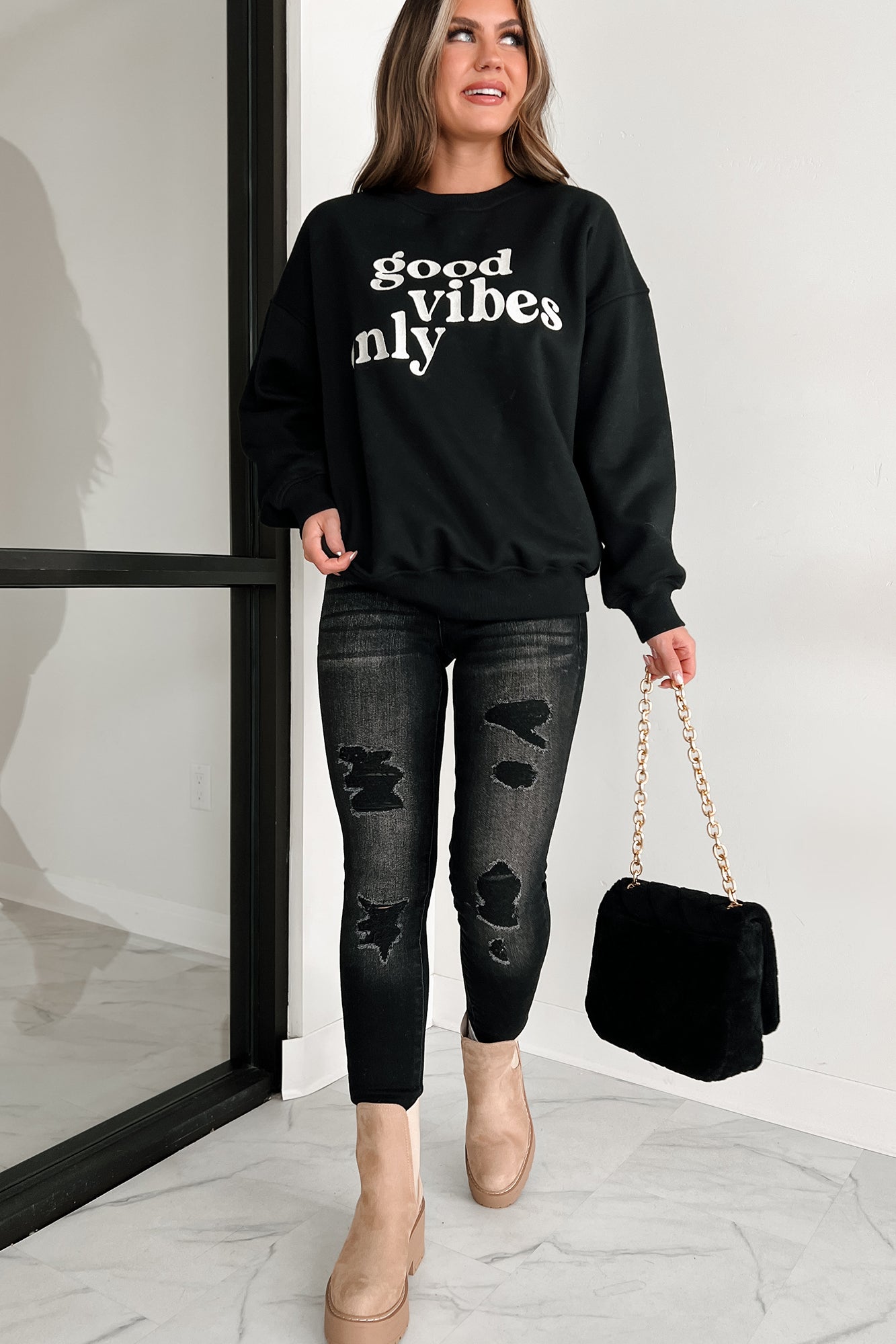 Sunshine State Of Mind Oversized Embroidered Sweatshirt (Black) - NanaMacs