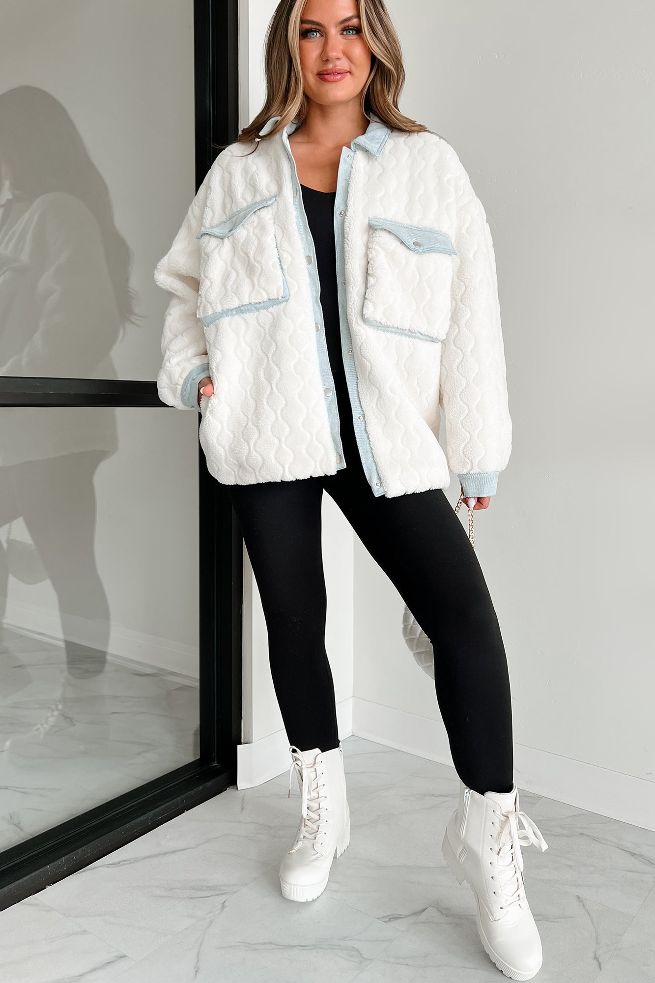 Best Of Both Worlds Fleece Jacket With Denim Contrast (Ivory/Denim) - NanaMacs