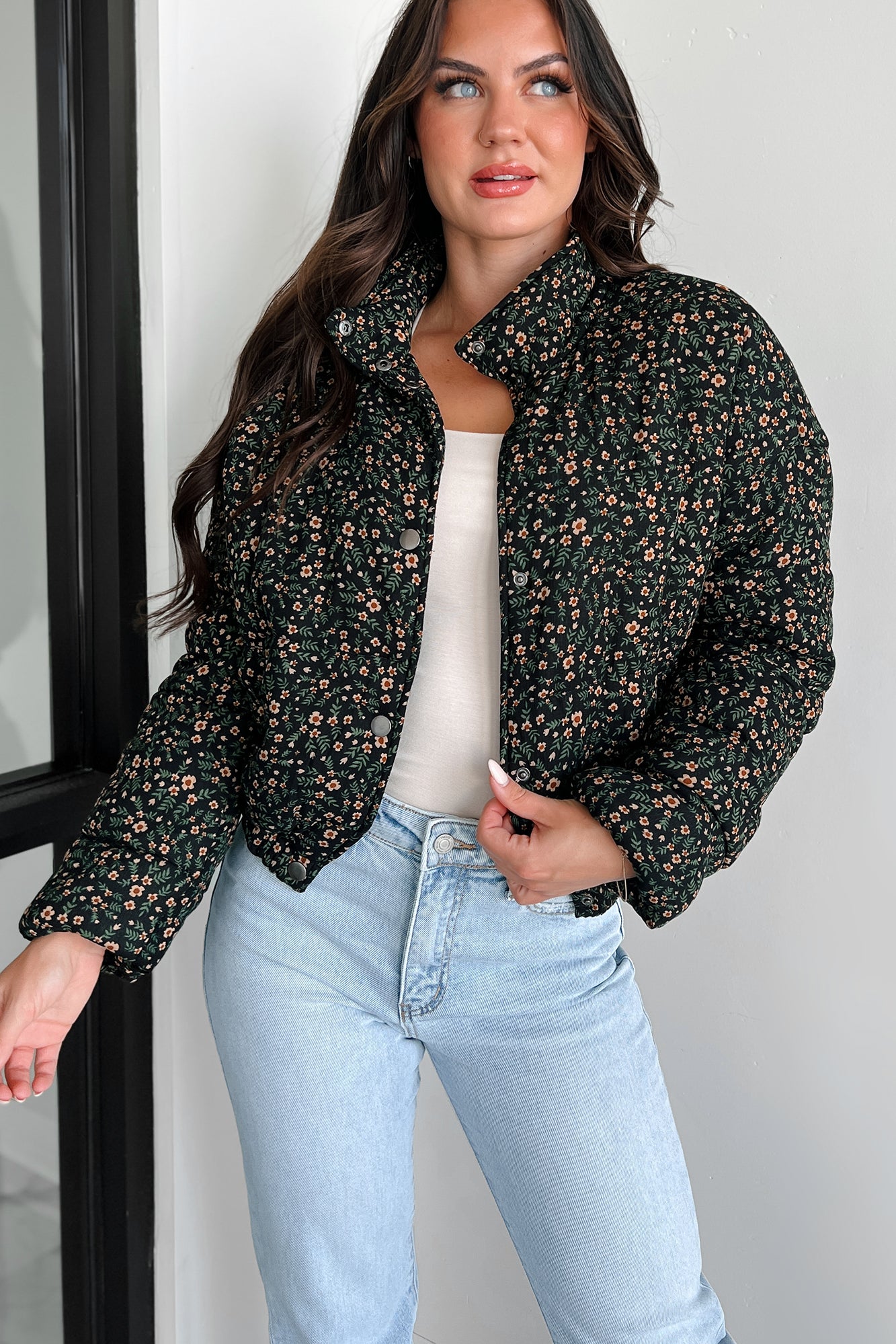 Petals & Posies Floral Puff Jacket (Black Multi) - NanaMacs