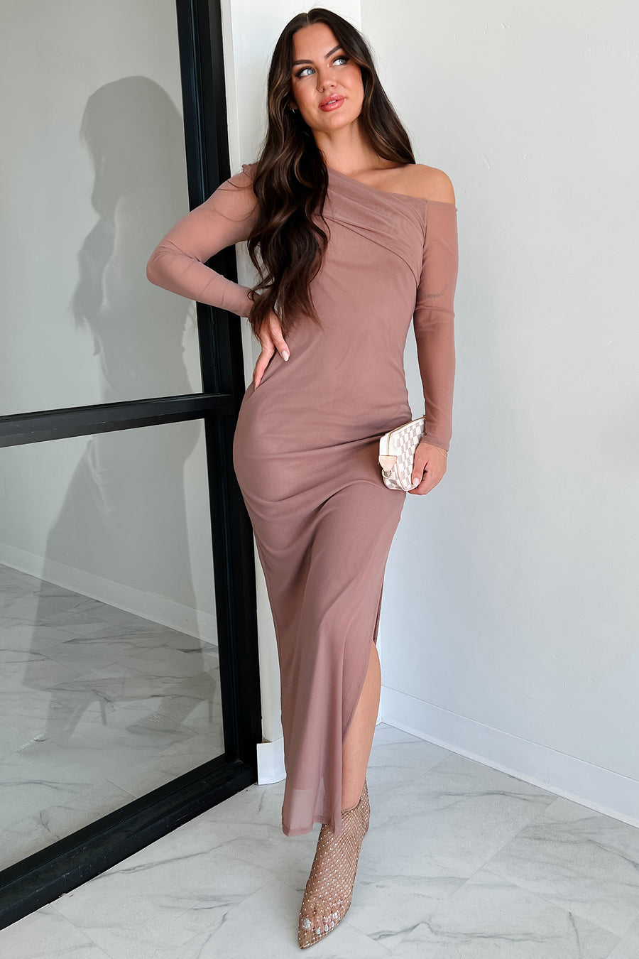 Leading Lady Energy Off The Shoulder Mesh Maxi Dress (Mocha) - NanaMacs