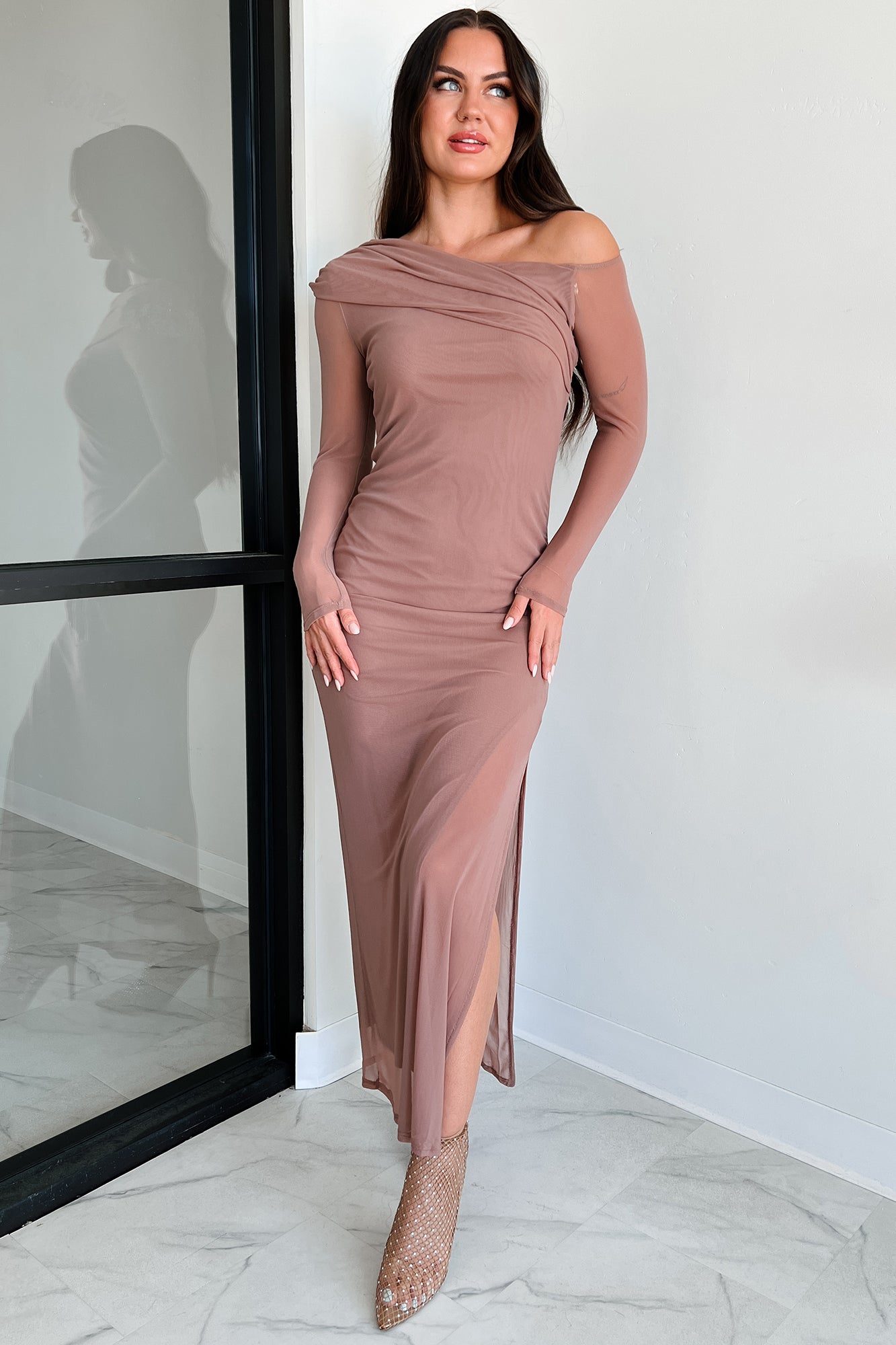 Leading Lady Energy Off The Shoulder Mesh Maxi Dress (Mocha) - NanaMacs