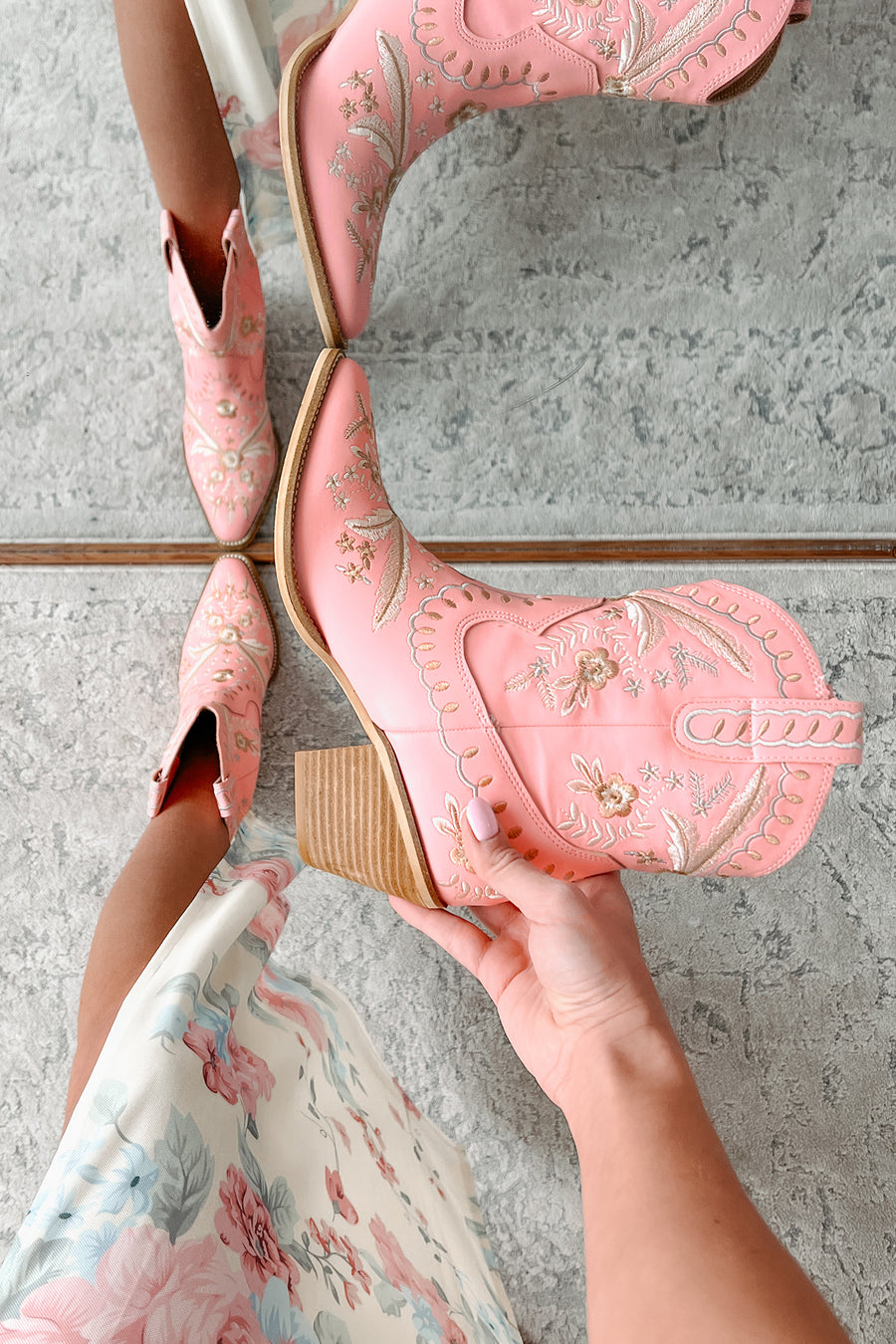 Small Town Roots Floral Stitch Western Booties (Pink) - NanaMacs