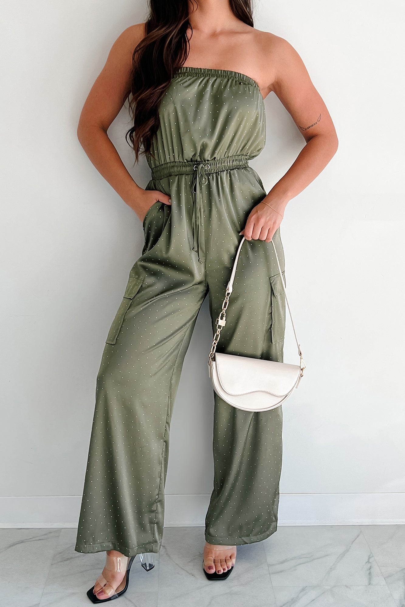 Glittering Goddess Rhinestone Embellished Jumpsuit (Olive) - NanaMacs