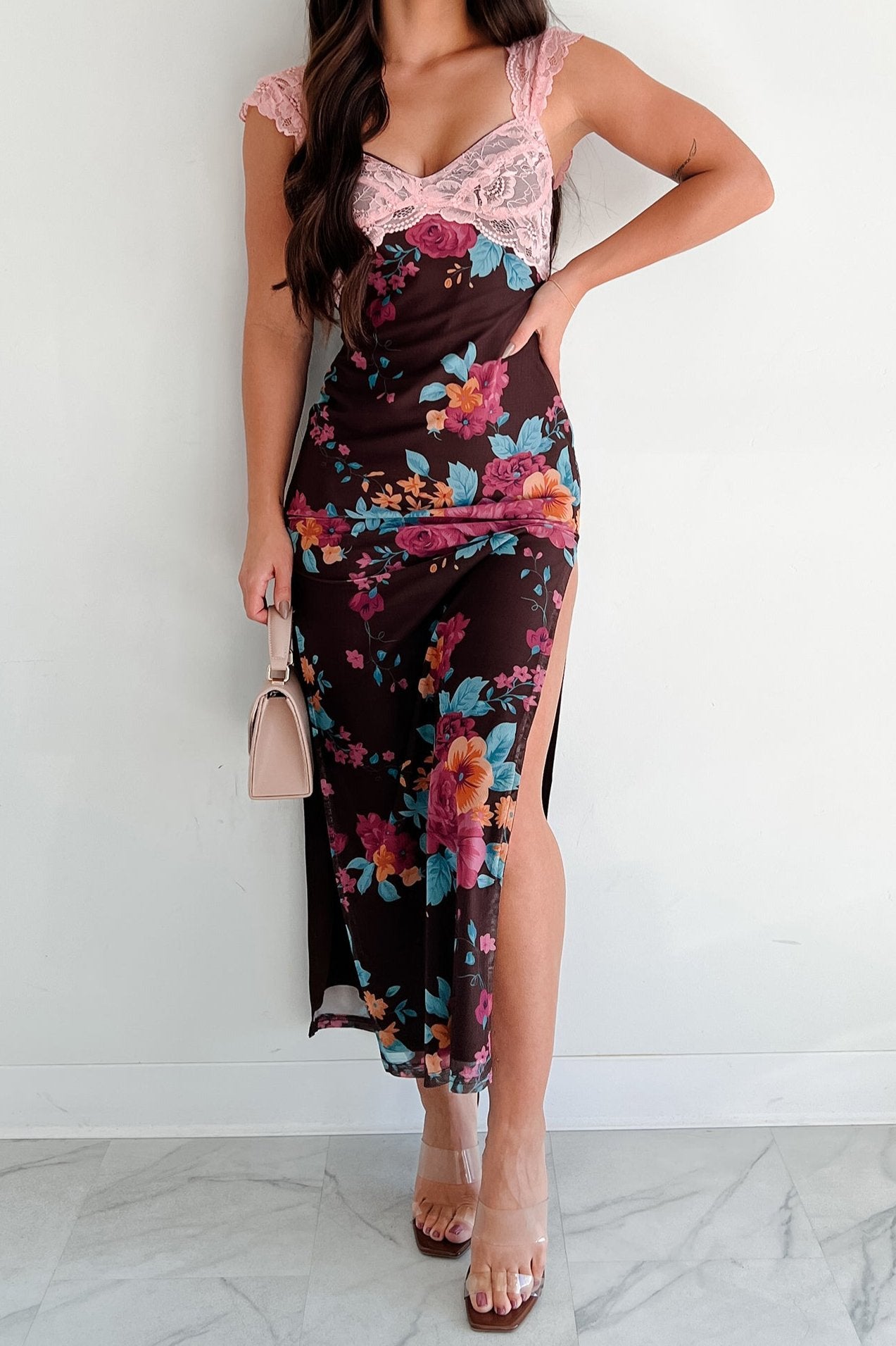 Women's Saccharine Sweet Lace Detail Floral Mesh Maxi Dress in Mauve/Brown - Size S Women's Saccharine Sweet Lace Detail Floral Mesh Maxi Dress in Mauve/Brown - Size S