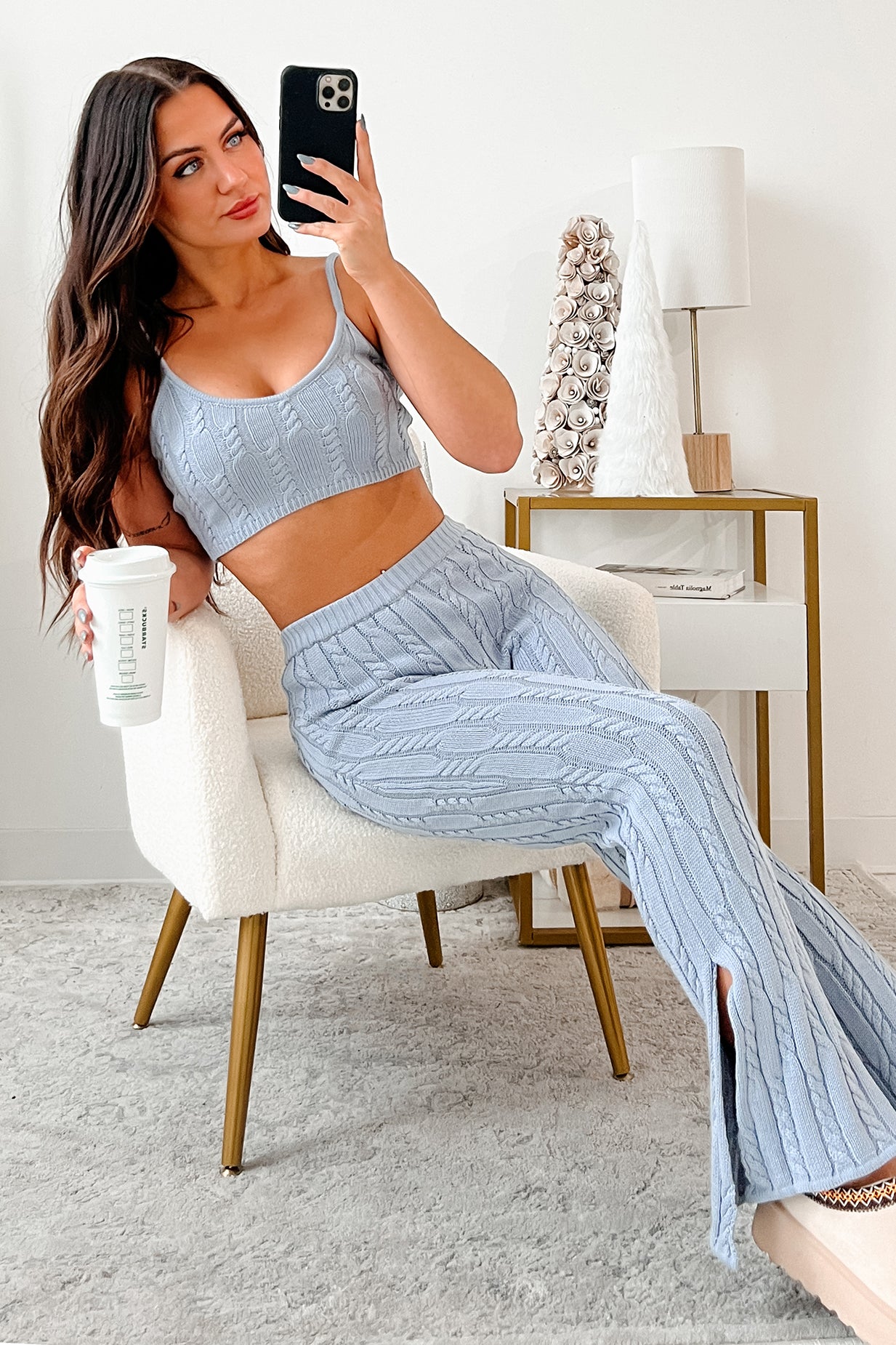 DOORBUSTER Unplugged Mode Cable Knit Flare Pants (Light Blue