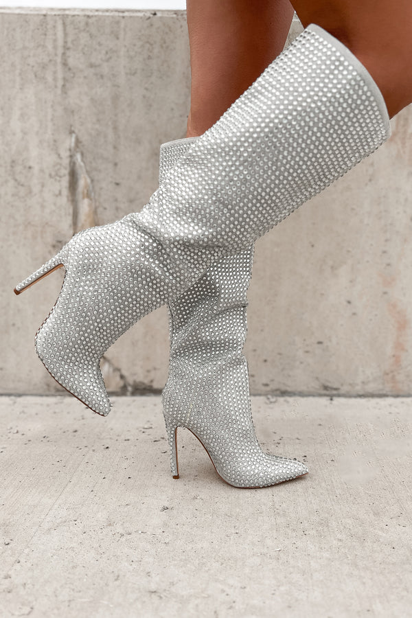 Overnight Fame Heeled Rhinestone Boots (Silver) - NanaMacs