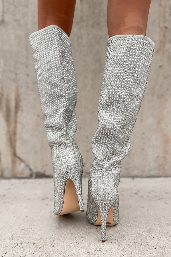 Overnight Fame Heeled Rhinestone Boots (Silver) - NanaMacs