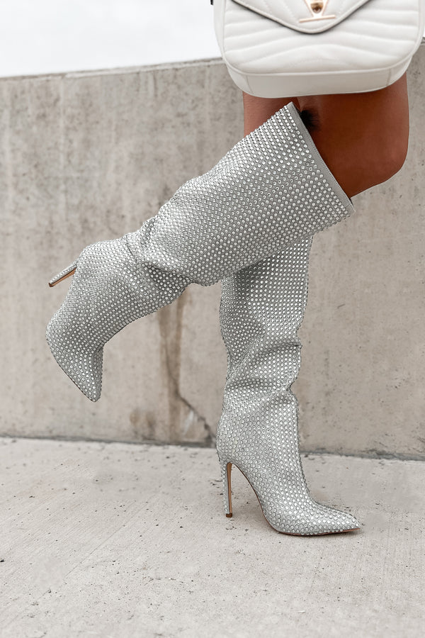 Overnight Fame Heeled Rhinestone Boots (Silver) - NanaMacs